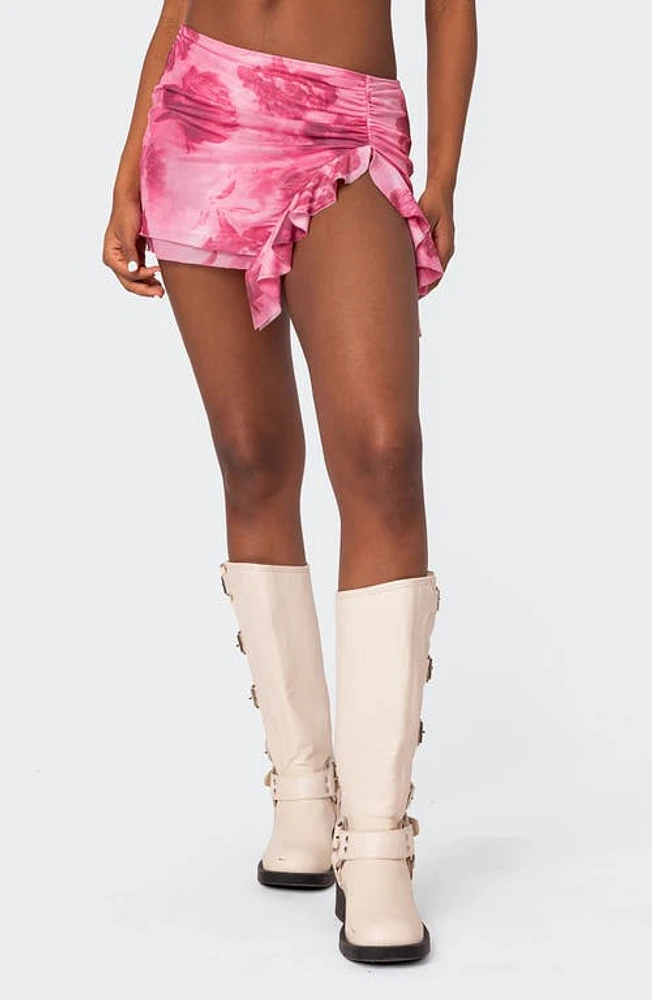 EDIKTED Wanda Floral Ruffle Detail Mesh Miniskirt Pink at Nordstrom,