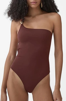 MANGO Milena Strappy One-Shoulder One-Piece Swimsuit Dark Brown at Nordstrom,