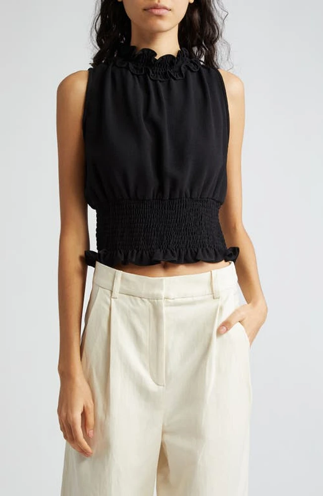 Loretta Caponi Renata Smocked Sleeveless Top Black Crepe at Nordstrom,