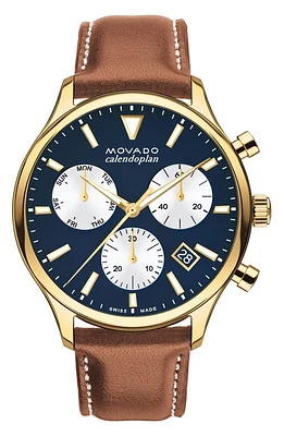 Movado Heritage Chronograph Leather Strap Watch, 43mm in Blue at Nordstrom