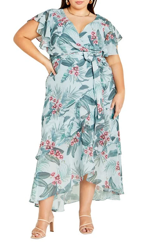 City Chic Floral Print Faux Wrap Dress Seafoam Maya Orchid at