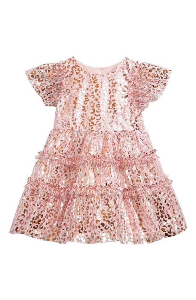 Pippa & Julie Leopard Foil Print Ruffle Tiered Dress in Pink at Nordstrom, Size 18M