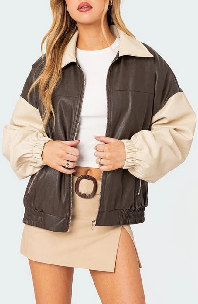 EDIKTED Oversize Colorblock Faux Leather Bomber Jacket Brown at Nordstrom,