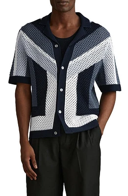 Reiss Panko Geo Pattern Short Sleeve Camp Collar Cardigan Navy Multi at Nordstrom,