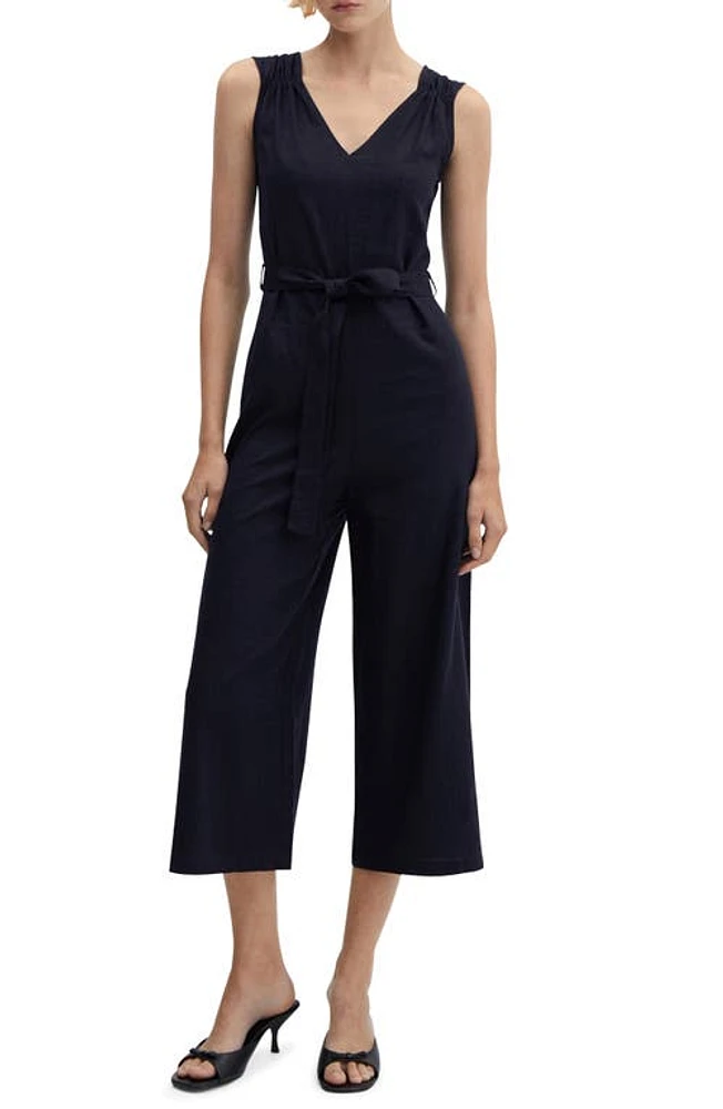 MANGO Belted Linen Blend Jumpsuit Dark Navy at Nordstrom,