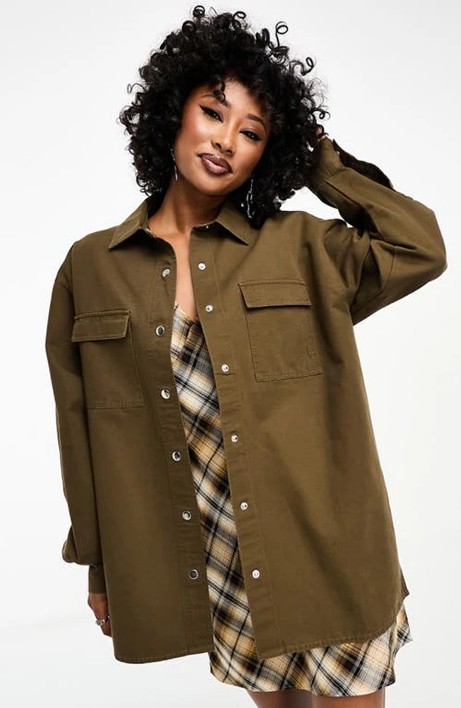 ASOS DESIGN Oversize Utility Snap-Up Shirt in Washed Khaki at Nordstrom, Size 6 Us