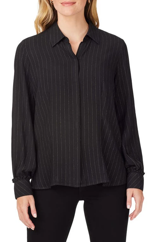 Foxcroft Mason Metallic Stripe Button-Up Blouse Black at Nordstrom,