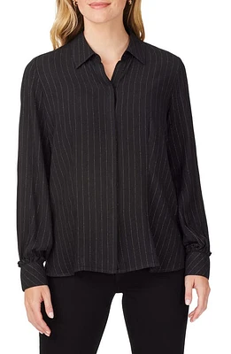 Foxcroft Mason Metallic Stripe Button-Up Blouse Black at Nordstrom,