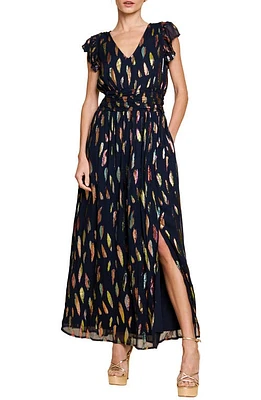 CIEBON Jennsen Metallic Flutter Sleeve Maxi Dress Navy at Nordstrom,