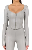 Naked Wardrobe Long Sleeve Zip-Up Faux Leather Top Light Grey at Nordstrom,