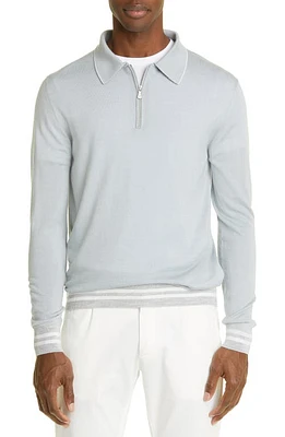 Eleventy Tipped Long Sleeve Merino Wool & Silk Zip Polo Sweater in Denim - Gray - White at Nordstrom, Size Xx-Large