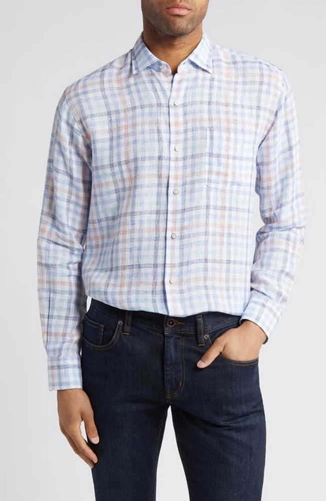 Peter Millar Breakwater Check Linen Button-Up Shirt Blue Multi at Nordstrom,