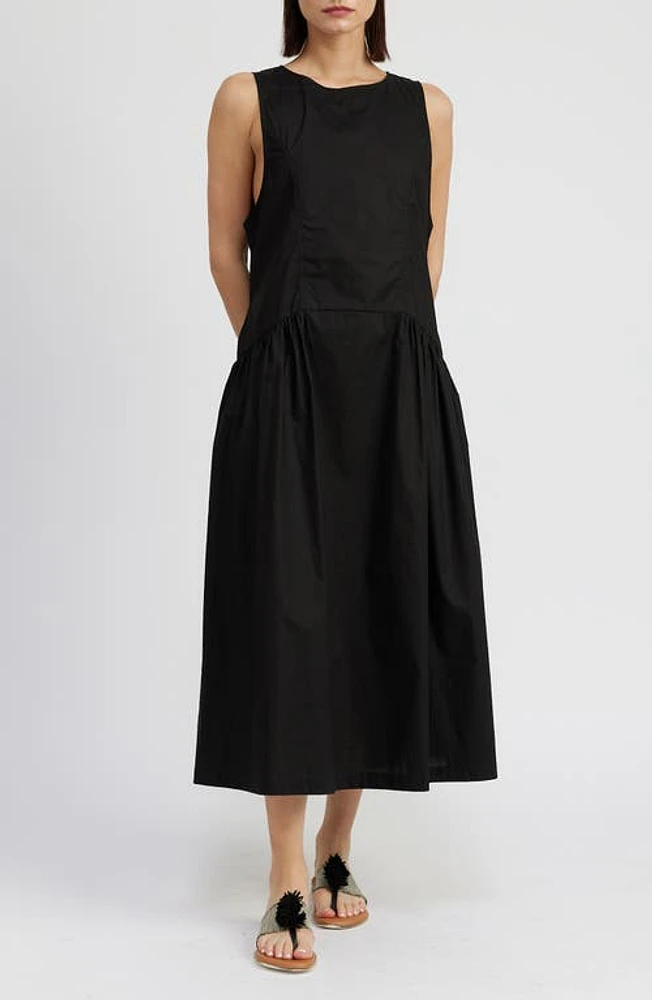 En Saison Charlie Tie Back Cotton Midi Dress Black at Nordstrom,