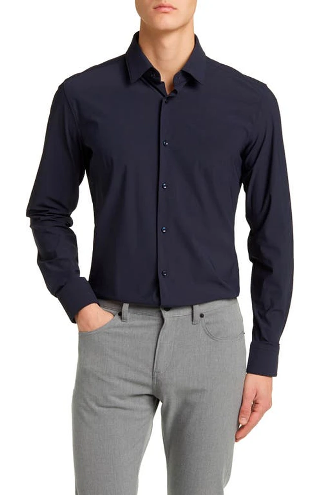 BOSS Hank Slim Fit Solid Navy Performance Dress Shirt Dark Blue at Nordstrom,