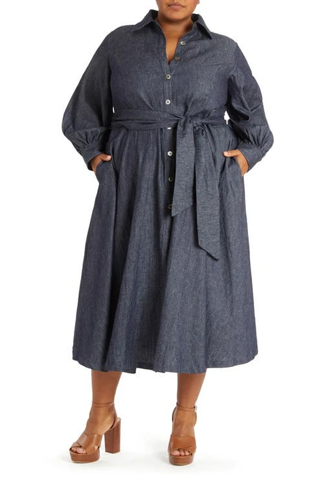 Pari Passu Oli Tie Waist Long Sleeve Denim Midi Shirtdress Indigo Wash at Nordstrom,