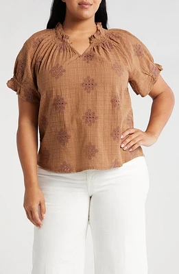 Wit & Wisdom Embroidered Short Sleeve Top Caramel Latte at Nordstrom,