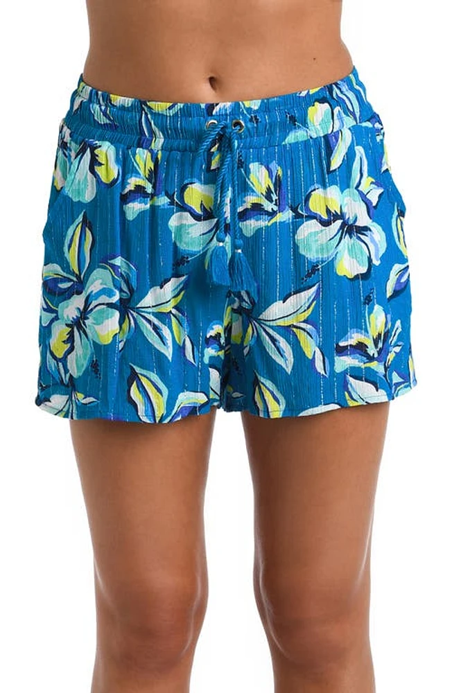 La Blanca Floral Metallic Stripe Cover-Up Shorts Ocean at Nordstrom,