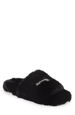 Balenciaga Furry Faux Shearling Slide Sandal Black at Nordstrom,