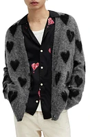 AllSaints Amore Fuzzy Heart Cardigan in Grey/Black at Nordstrom, Size Medium