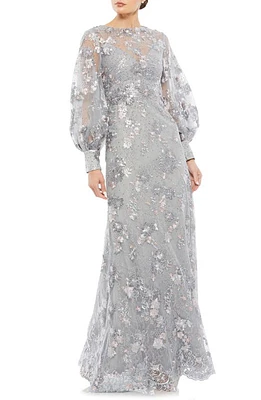 Mac Duggal Embellished Illusion Neck Long Sleeve Gown Platinum at Nordstrom,