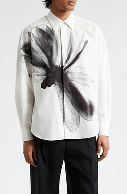 Alexander McQueen Dragonfly Print Long Sleeve Cotton Button-Up Shirt White - Black at Nordstrom,