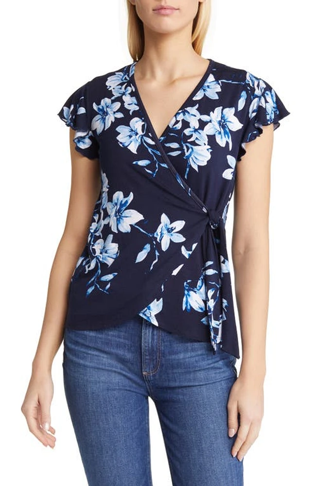 Loveappella Floral Flutter Sleeve Knit Wrap Top Navy at Nordstrom,