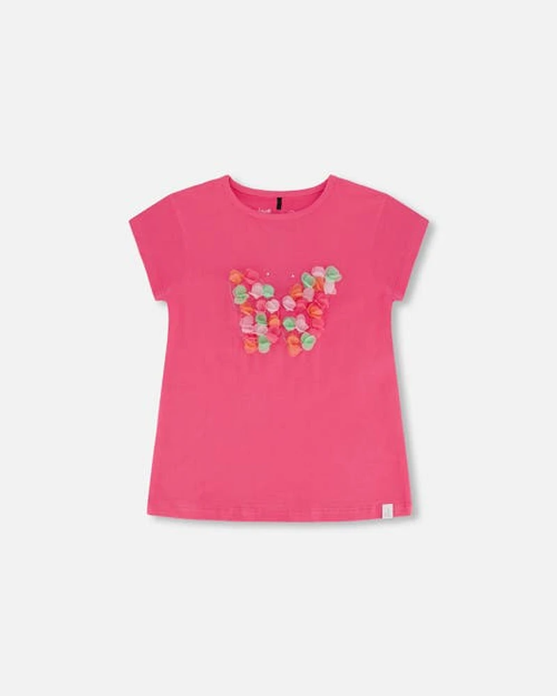 Deux Par Deux Girl's Organic Cotton Top With Print And Applique Candy Pink at Nordstrom