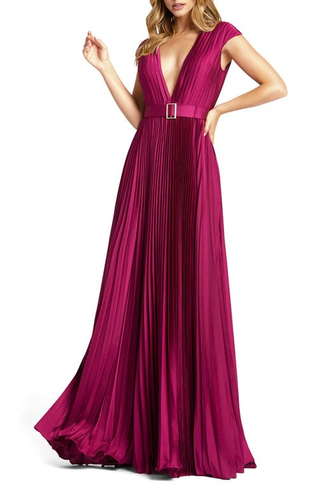 Mac Duggal Pleated Plunge Gown Raspberry at Nordstrom,