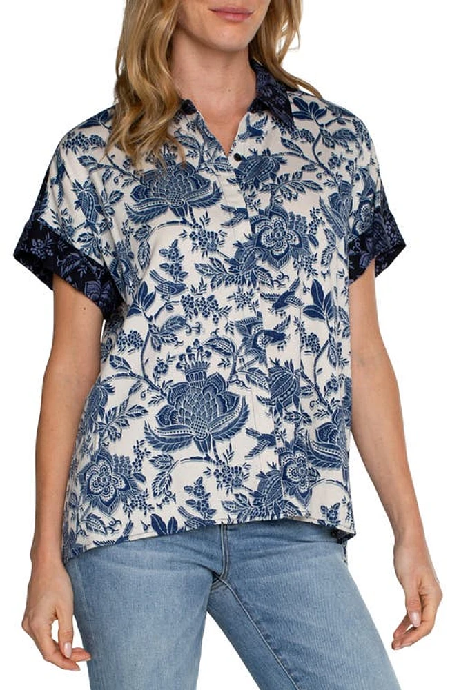 Liverpool Los Angeles Contrast Print High-Low Short Sleeve Button-Up Shirt Glxy Flrl Prnt at Nordstrom,