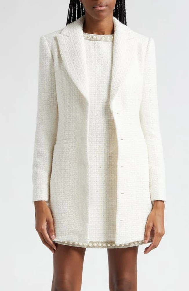 Alice + Olivia Justin Long Sleeve Tweed Blazer Minidress in Off White at Nordstrom, Size 4