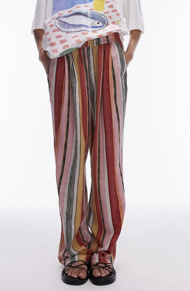 Topshop Stripe Linen Blend Wide Leg Pants in Red Multi at Nordstrom, Size X-Small