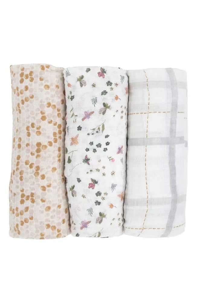 little unicorn 3-Pack Organic Cotton Muslin Swaddle Blankets in Garden Bees at Nordstrom