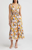 Adelyn Rae Floral Tie Shoulder Cotton Midi Dress Purple/Yellow Multi at Nordstrom,