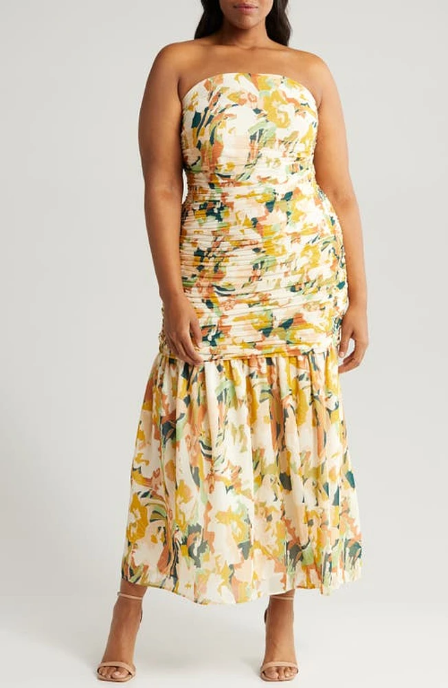 Chelsea28 Floral Print Ruched Maxi Dress Beige Multi Keys Abstract at Nordstrom,