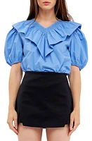 English Factory Smocked Ruffle Puff Sleeve Cotton Blouse Oxford Blue at Nordstrom,