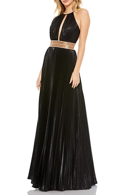 Ieena for Mac Duggal Metallic Halter Neck A-Line Gown in Black at Nordstrom, Size 2