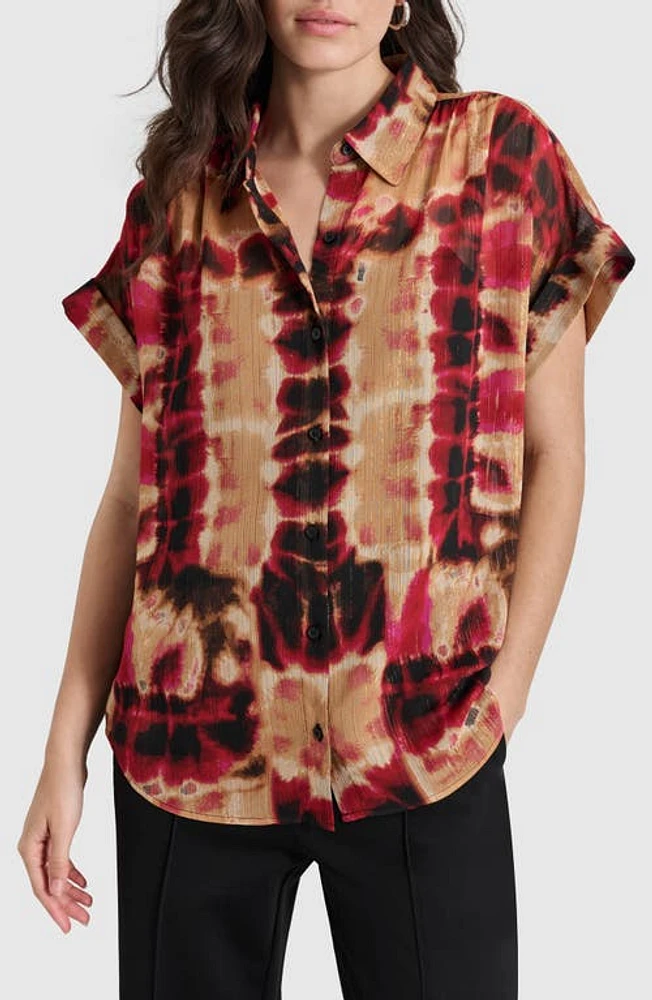 DKNY Metallic Crinkle Short Sleeve Chiffon Button-Up Shirt Rippled Inkblot at Nordstrom,