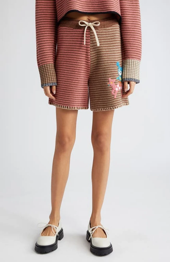 YanYan Embroidered Colorblock Stripe Wool Sweater Shorts Hazelnut/Rose at Nordstrom,