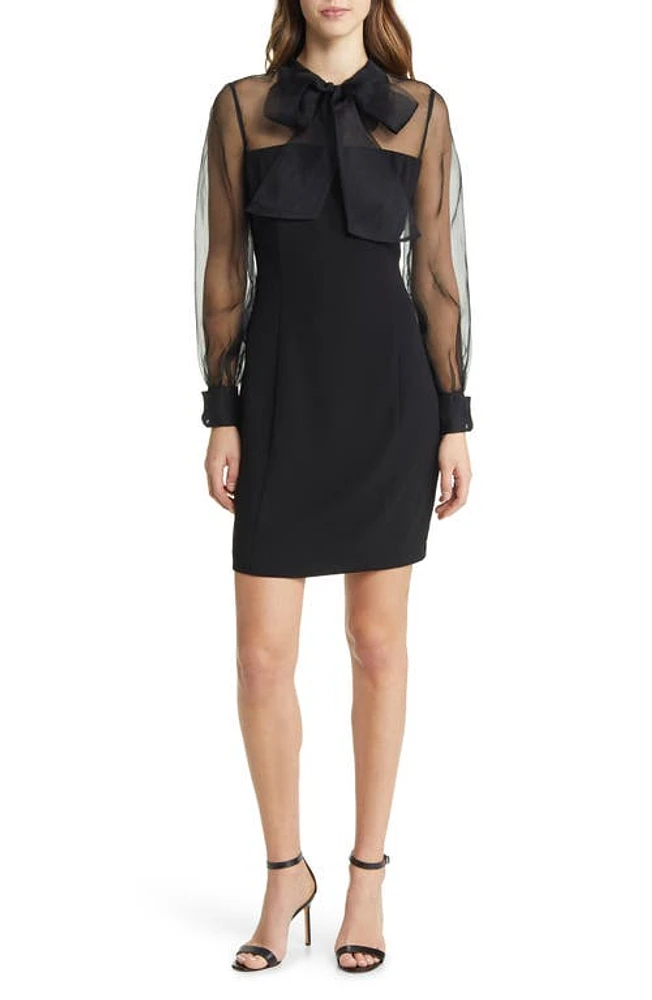 Shani Long Sleeve Organza & Crepe Sheath Dress Black at Nordstrom,