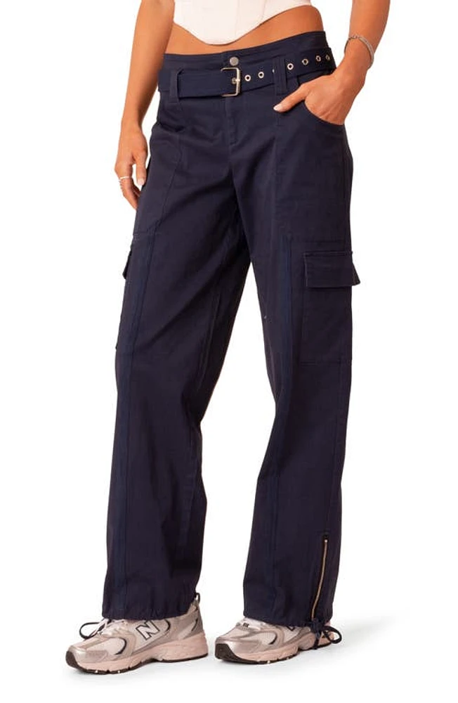 EDIKTED Manuel Belted Low Rise Cargo Pants Navy at Nordstrom,