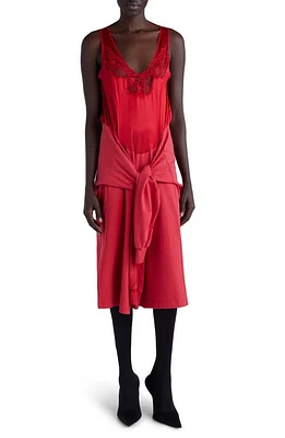 Balenciaga Hybrid Mixed Media Tie Waist Silk & Cotton Dress Lipstick Red at Nordstrom,