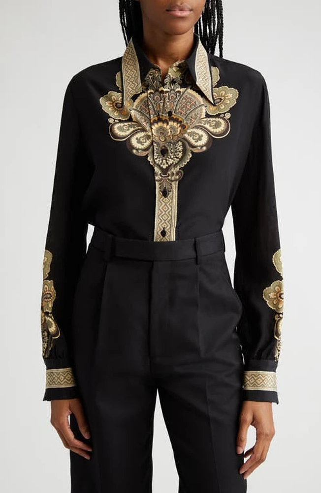 Etro Placed Floral Print Silk Button-Up Shirt On Black Base at Nordstrom, Us