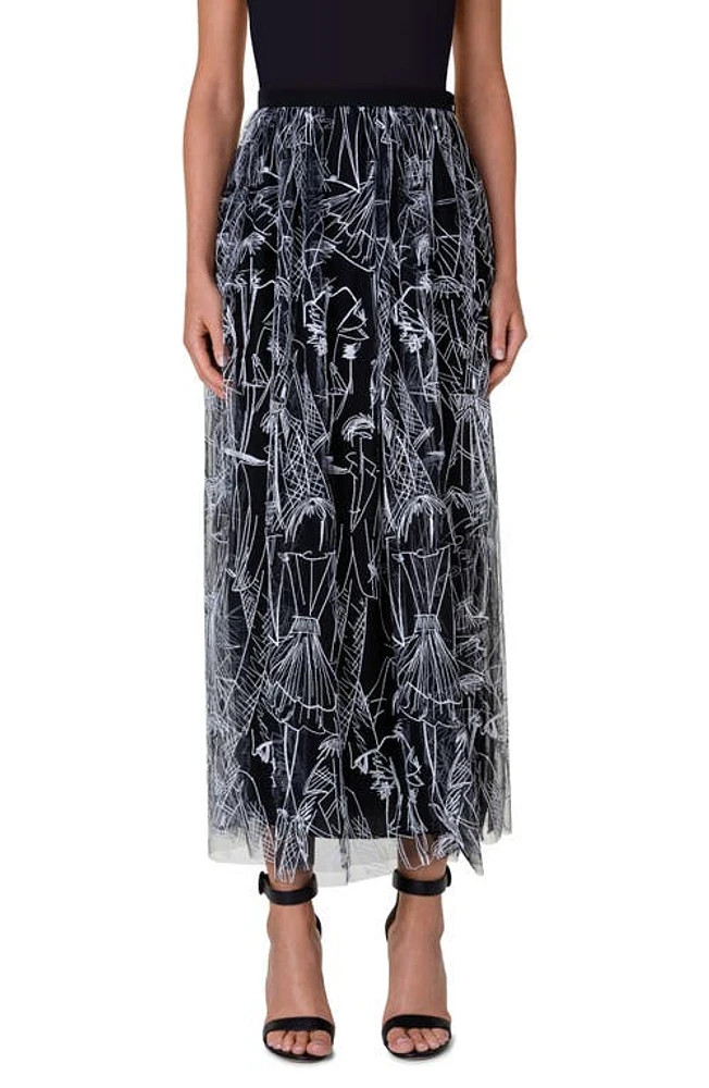 Akris Croquis Embroidered Techno Tulle Skirt in Black-White at Nordstrom, Size 10