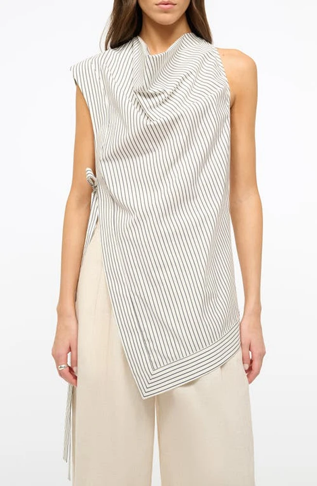 STAUD Asymmetric Cowl Neck Sleeveless Top Ivory Micro Stripe at Nordstrom,