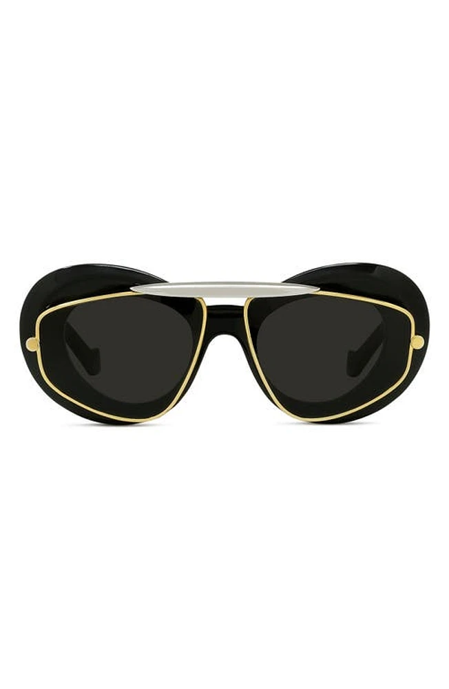 Loewe Double Frame 47mm Small Cat Eye Sunglasses in Shiny Black /Smoke at Nordstrom