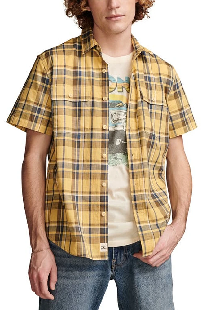 Lucky Brand Plaid Short Sleeve Cotton Button-Up Shirt Yellow at Nordstrom,