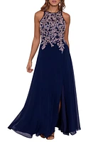 Betsy & Adam Embellished Bodice Chiffon Gown Navy/Rose at Nordstrom,