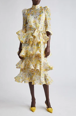 Zimmermann Harmony Floral Ruffle Tiered Linen & Silk Midi Dress Citrus Garden Print at Nordstrom,