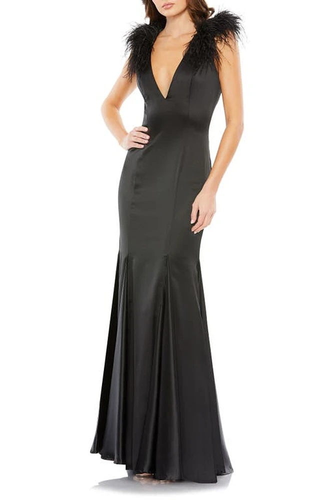 Mac Duggal Feather Detail Satin Sheath Gown Black at Nordstrom,