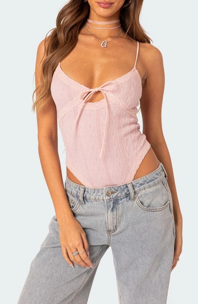 EDIKTED Lacey Keyhole Knit Bodysuit Light-Pink at Nordstrom,